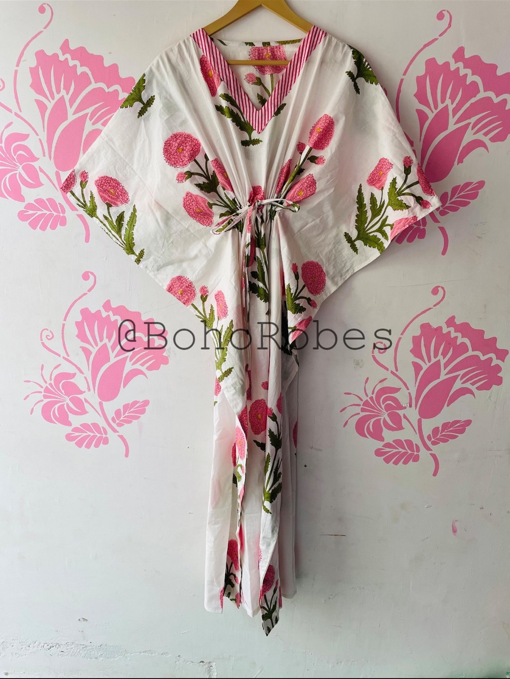 White Floral Embroidered Kaftan Dress with Pink Accents